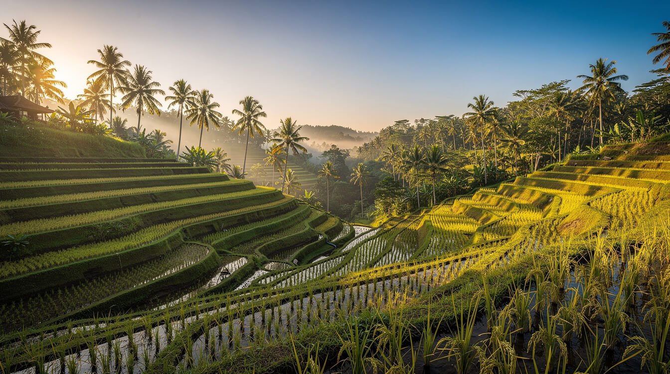 Bali dry season rice terraces golden hour sunshine — best time to travel to bali