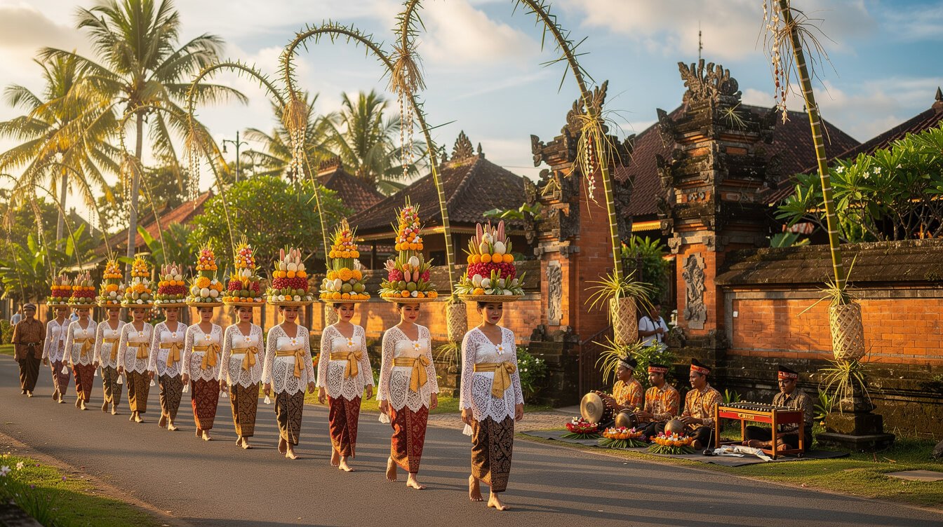 Balinese Galungan ceremony women with offerings penjor
