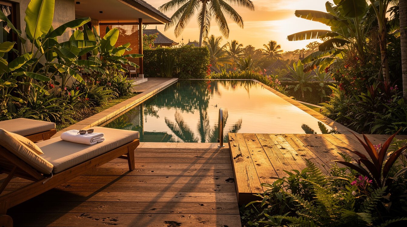 Private pool villa deck in Ubud at golden hour