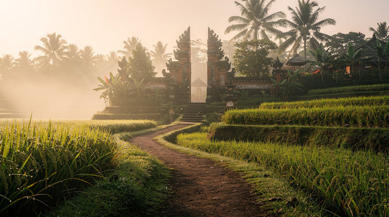 Warm Ubud morning rice terraces and mist, sample itinerary imagery