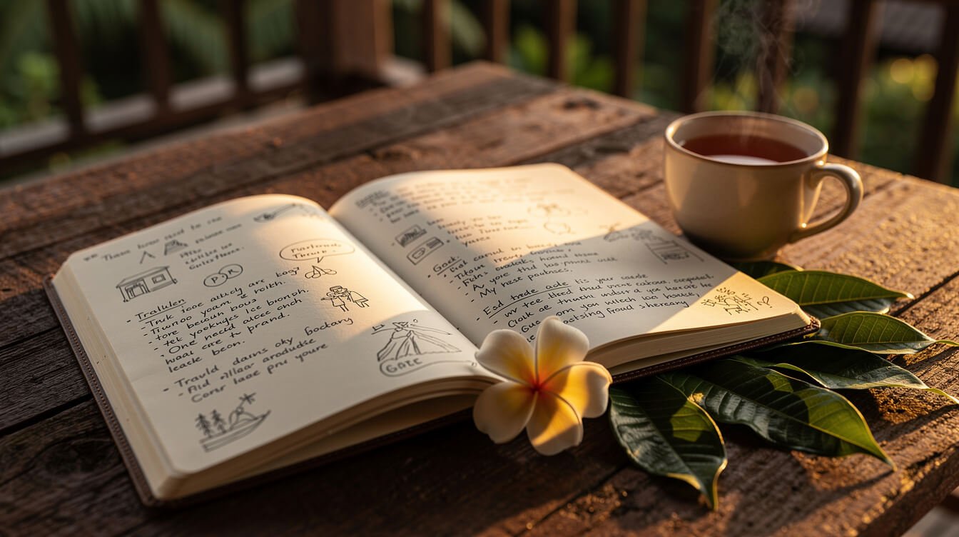 Open notebook with tropical leaves and coffee, stay in touch mood