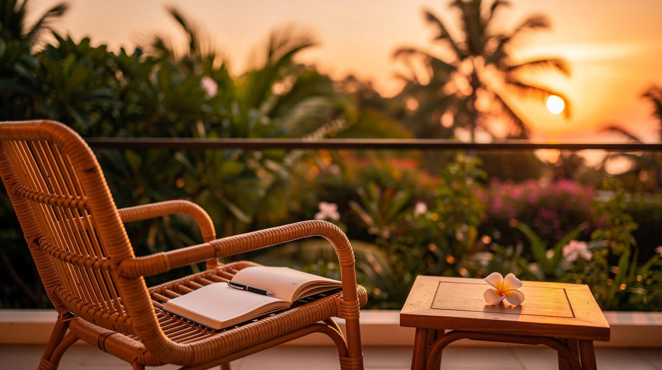 Sunset terrace with open notebook frangipani Ubud villa