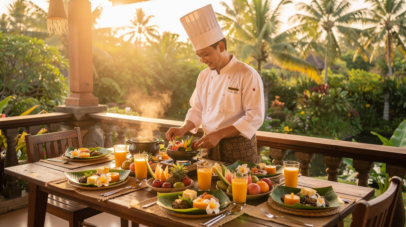 Balinese villa chef preparing fresh tropical breakfast