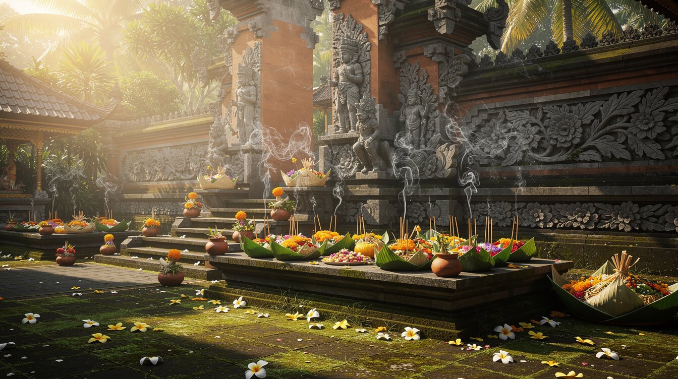 Balinese temple stone courtyard with offerings and incense