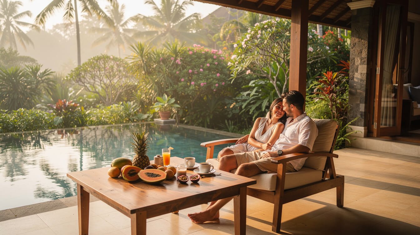 Couple having breakfast on private villa terrace in Ubud