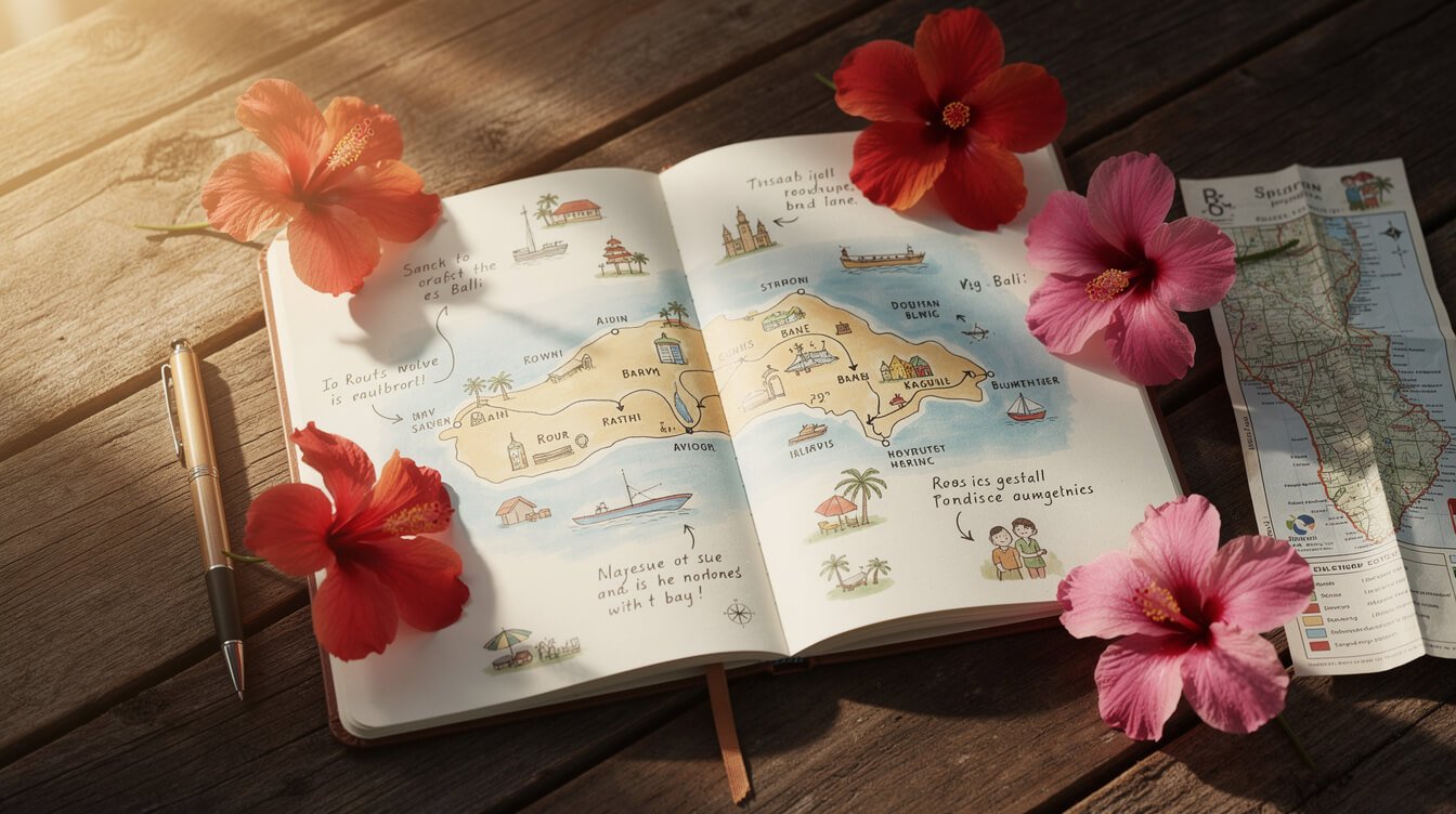 Travel journal with Bali map and tropical flowers for trip planning