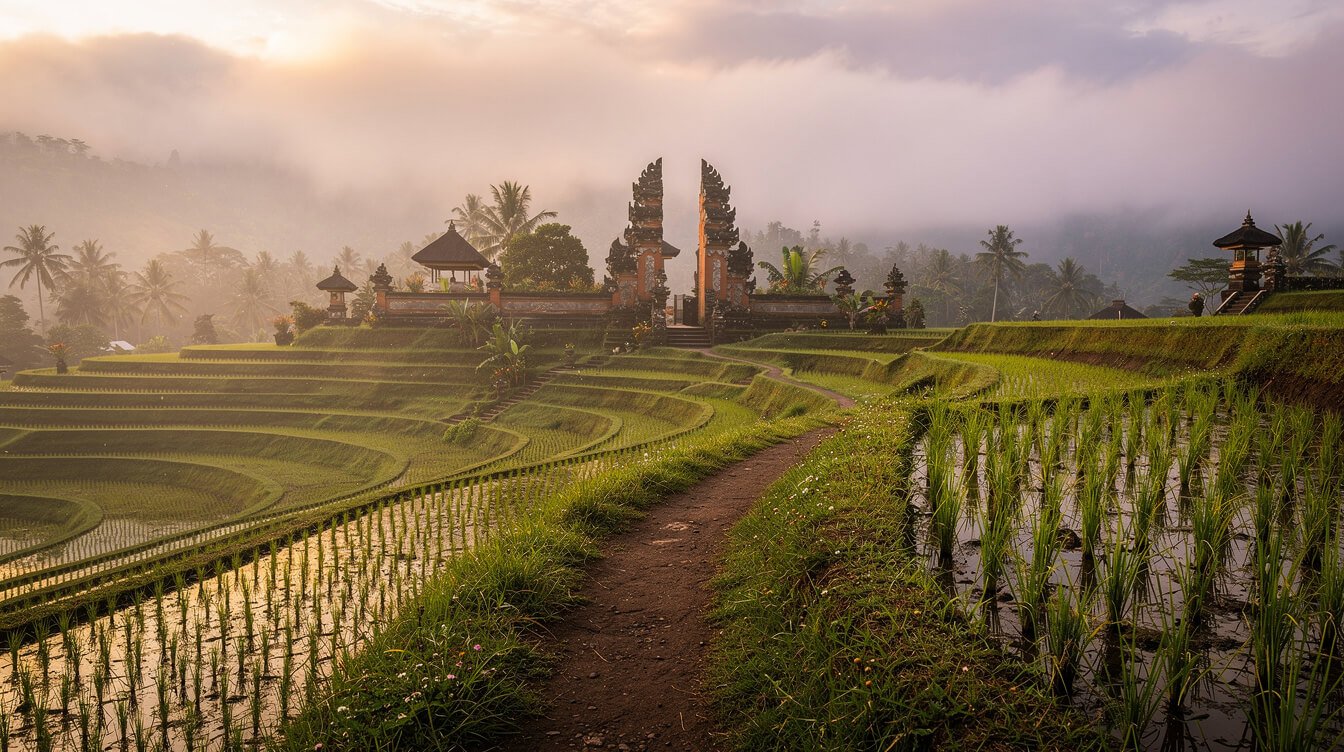 Ubud rice terraces in morning mist