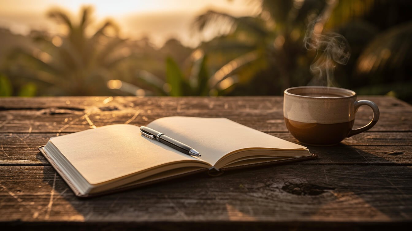 Notebook and coffee at sunset, Bali travel journal