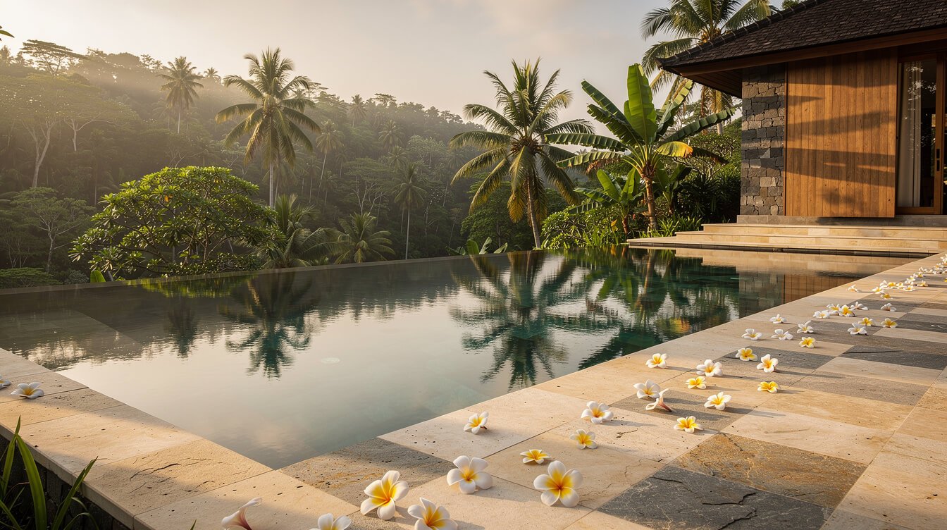 Private villa pool Ubud infinity pool with tropical garden