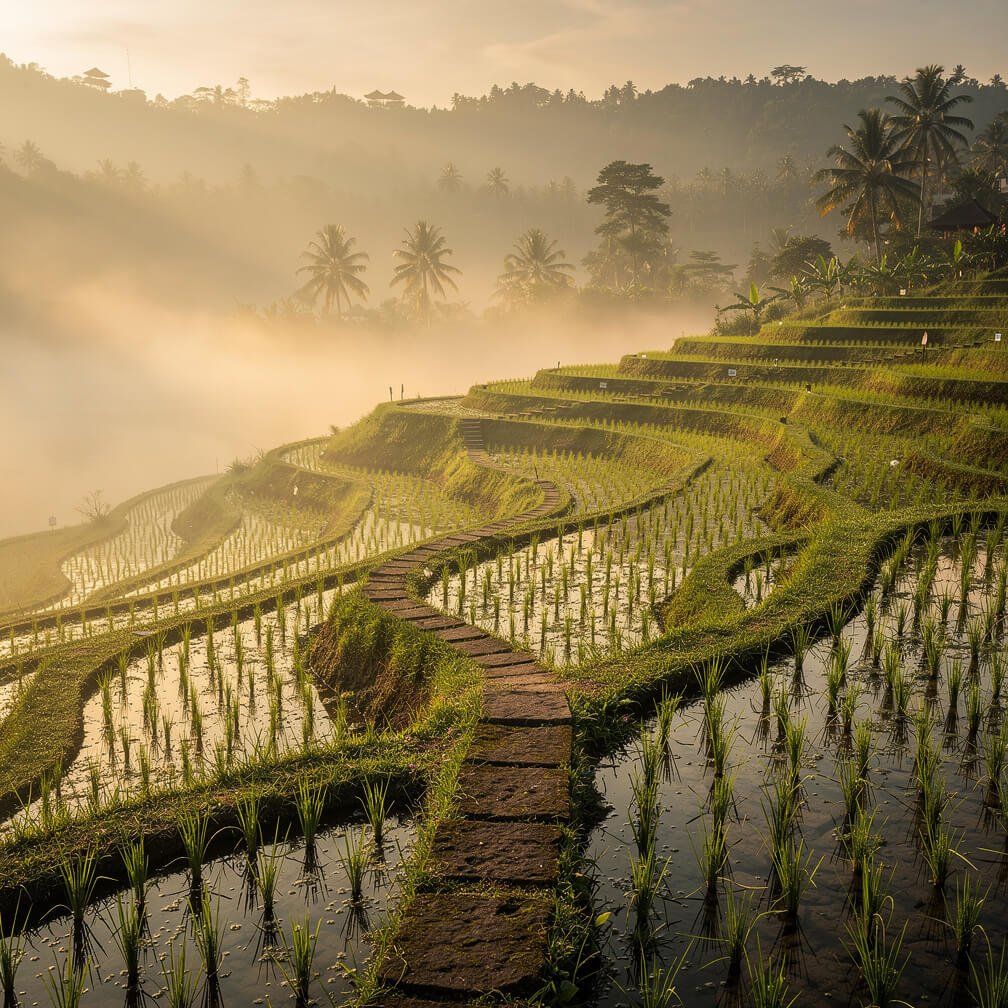 Misty rice terrace sunrise on the road to Ubud