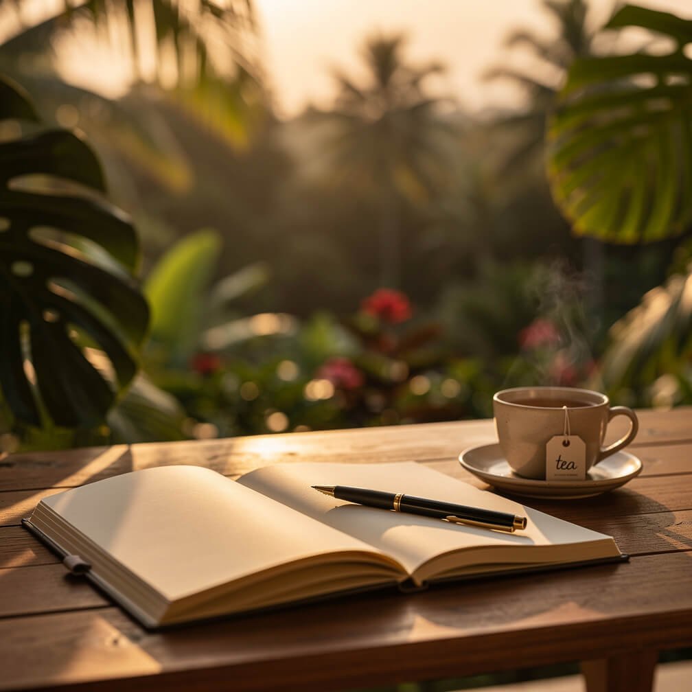 Open notebook and tea on a villa terrace table