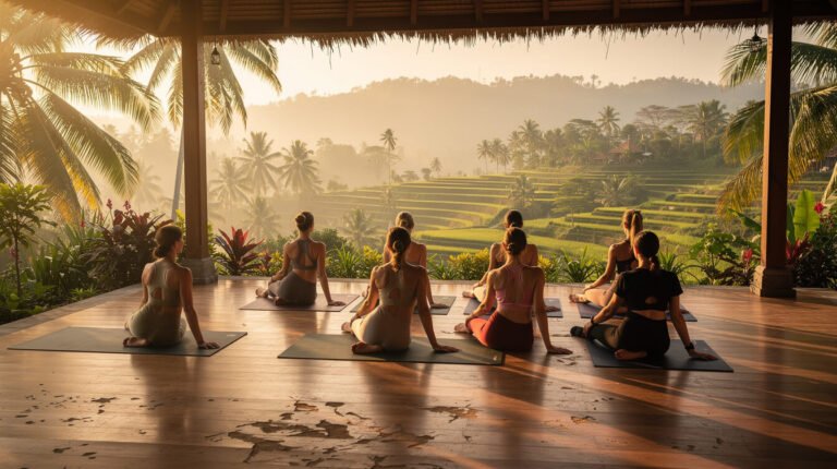 Bali yoga teacher training group practicing on a villa pavilion terrace at sunrise in Ubud