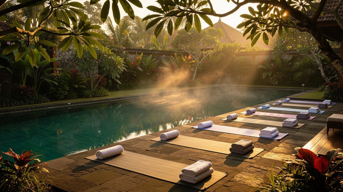 bali yoga teacher training accommodation, pool deck at dawn in Ubud