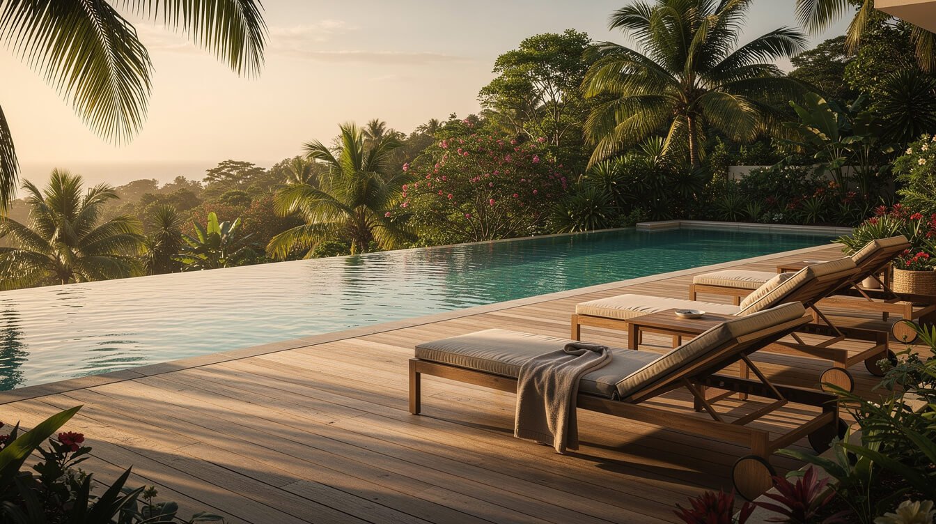 Private pool villa deck in Ubud at golden hour