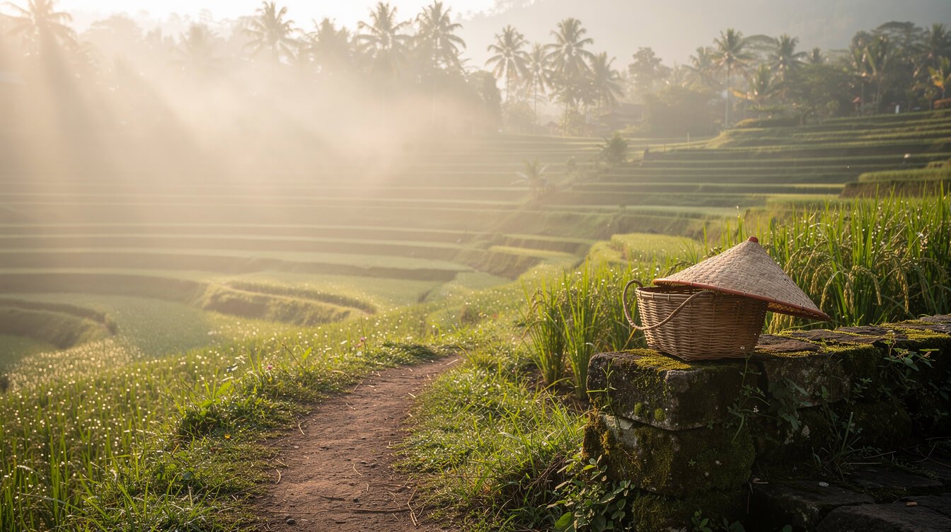 Warm Ubud morning rice terraces and mist, sample itinerary imagery