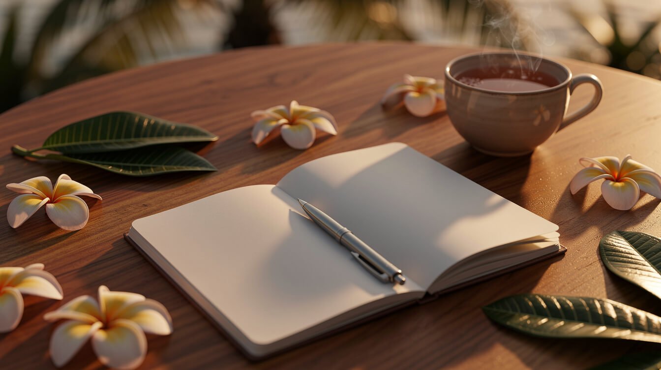 Open notebook with tropical leaves and tea, stay in touch mood