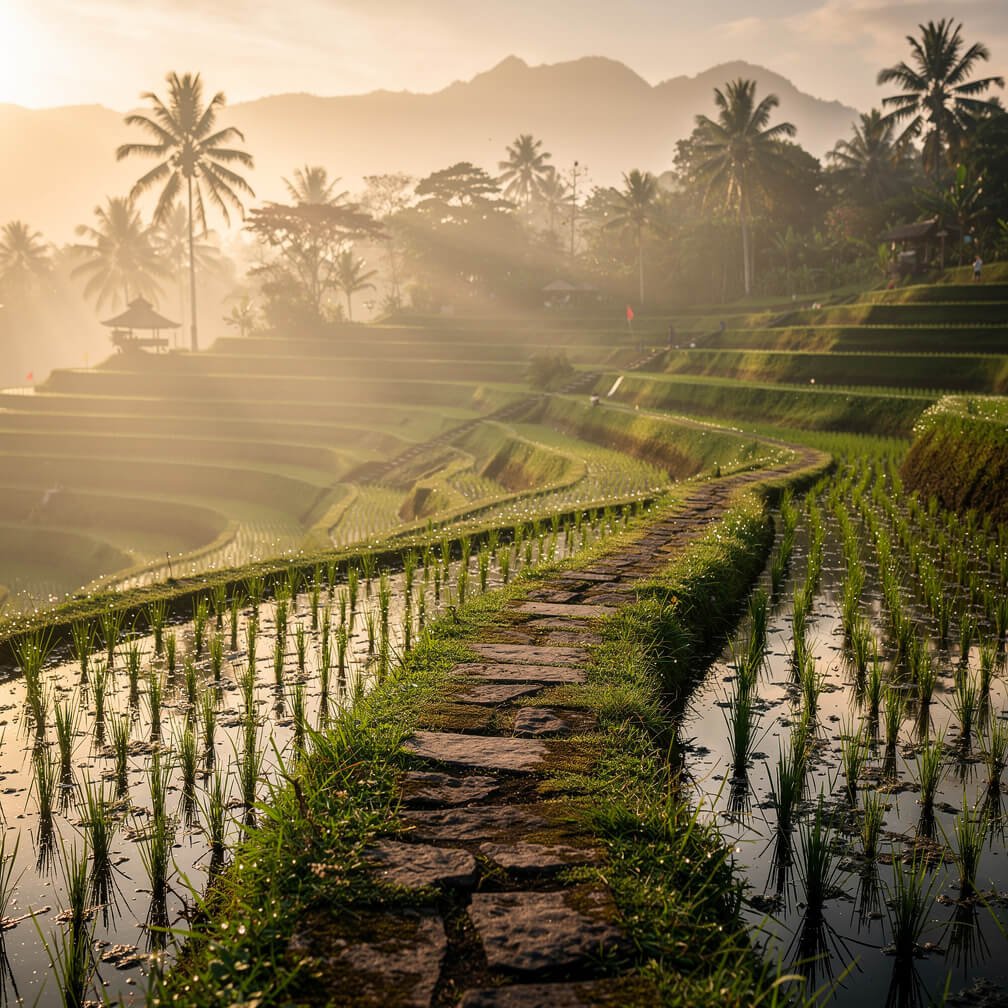 Misty rice terraces at sunrise near Ubud, Bali
