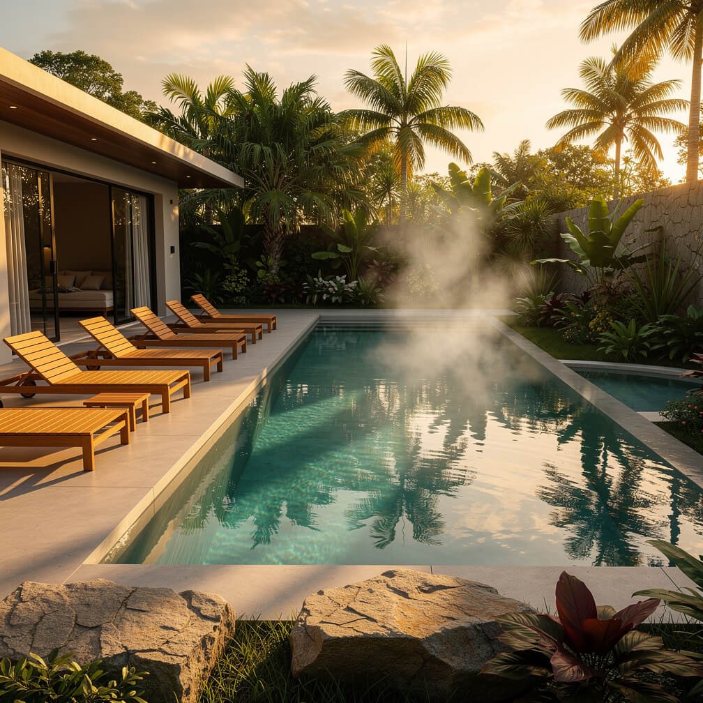 Private pool deck of a staffed villa in Ubud at golden hour