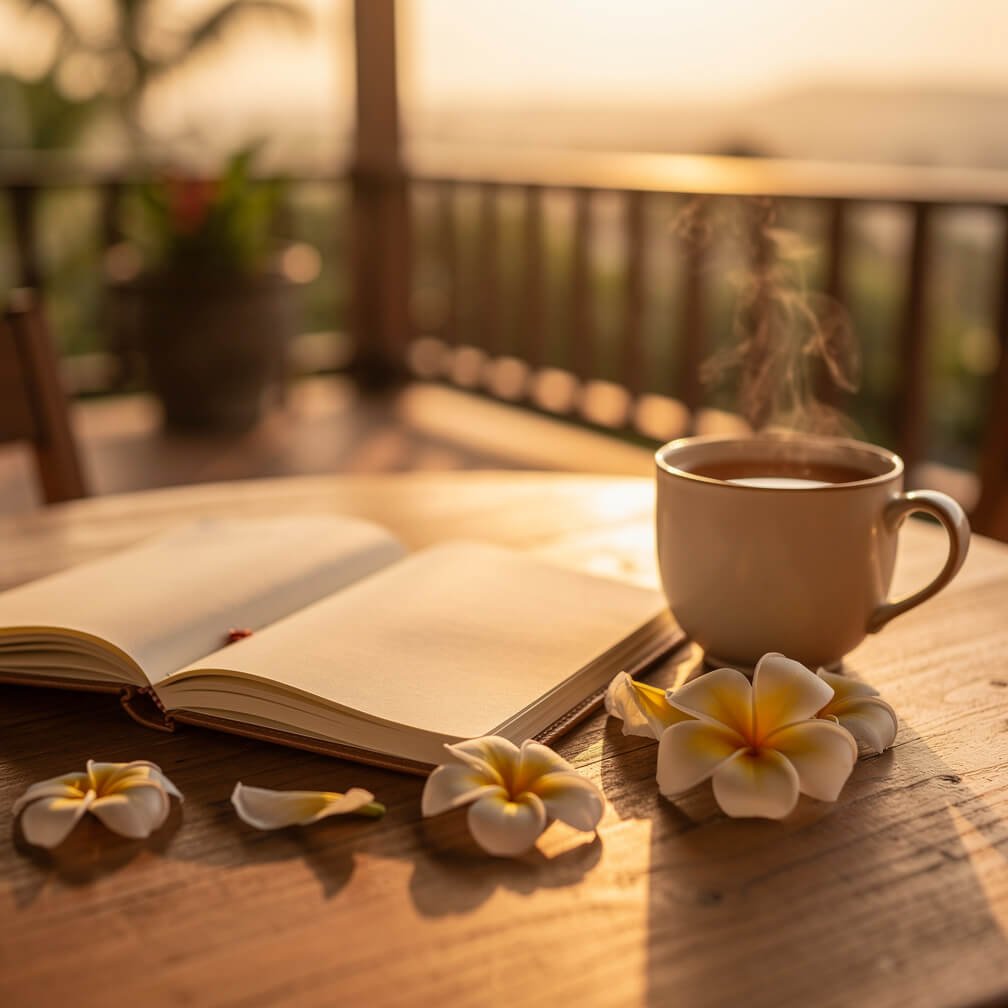 Open notebook and frangipani blossoms on a villa deck at sunset