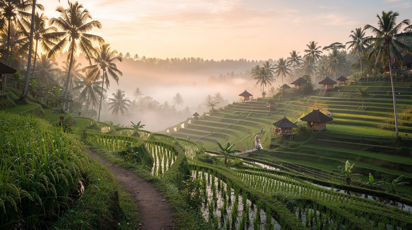 Ubud rice terraces at dawn with morning mist