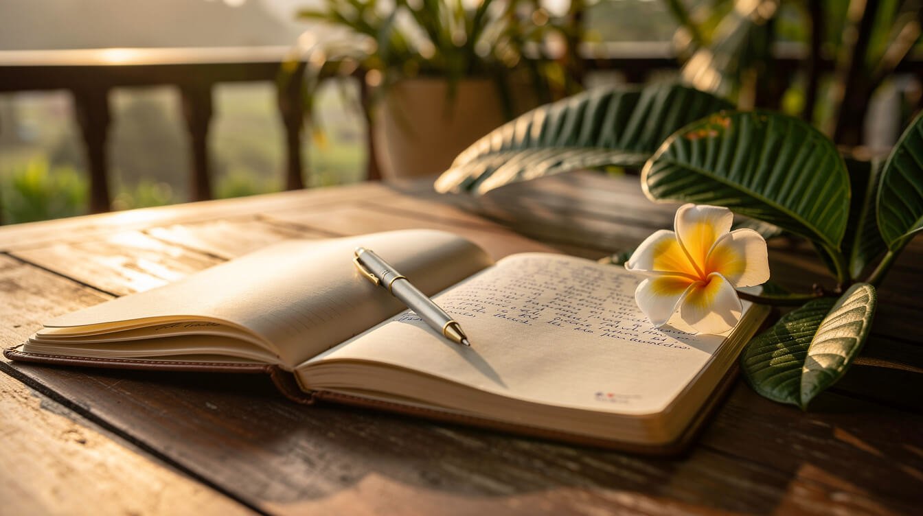 Travel journal with frangipani on Bali terrace