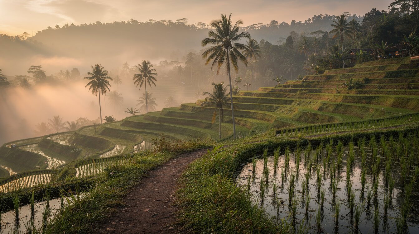 Misty rice terraces at sunrise near Ubud
