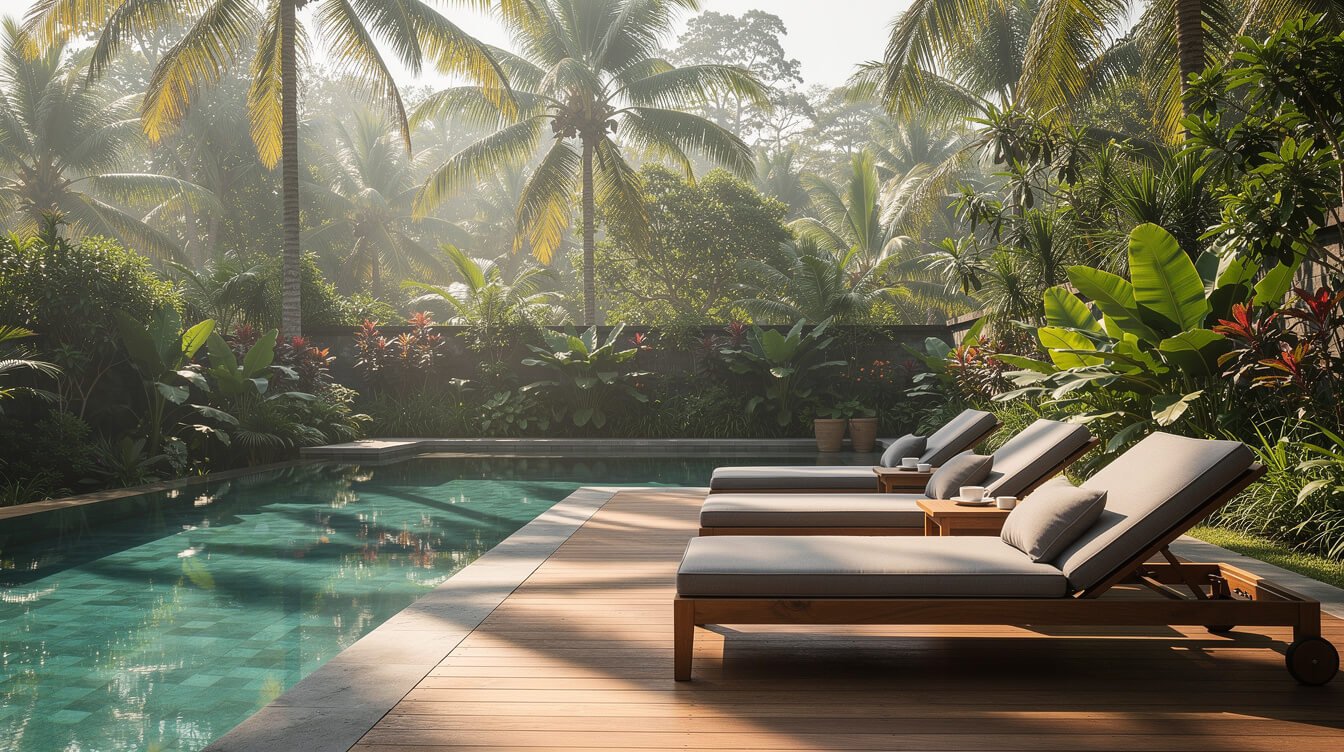 Private pool deck framed by tropical garden at Villa Amrita Ubud