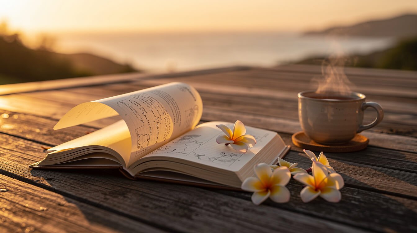 Travel journal on a sunset deck with frangipani flowers