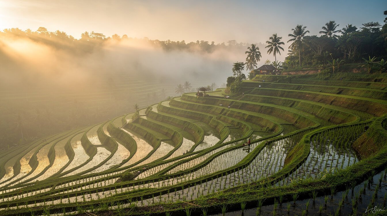 Misty rice terraces at sunrise near Ubud