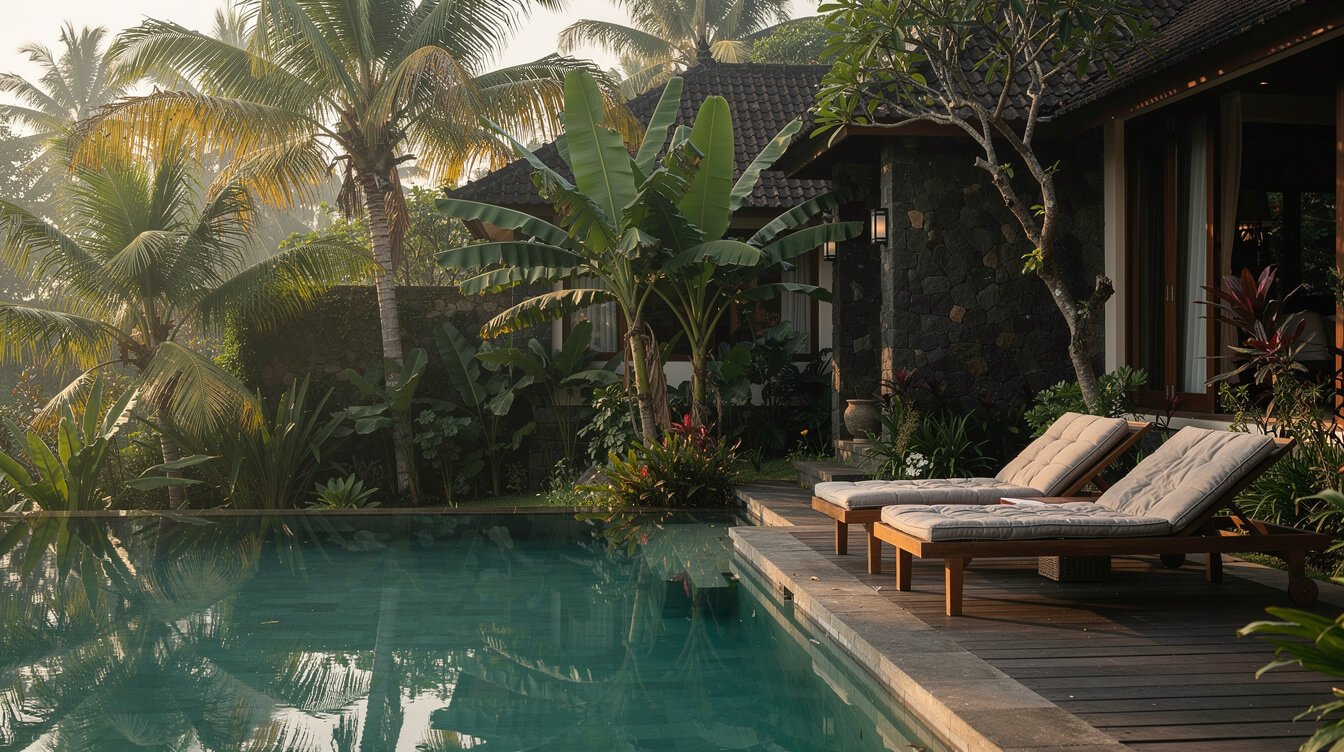 Private pool deck framed by tropical garden at Villa Amrita Ubud