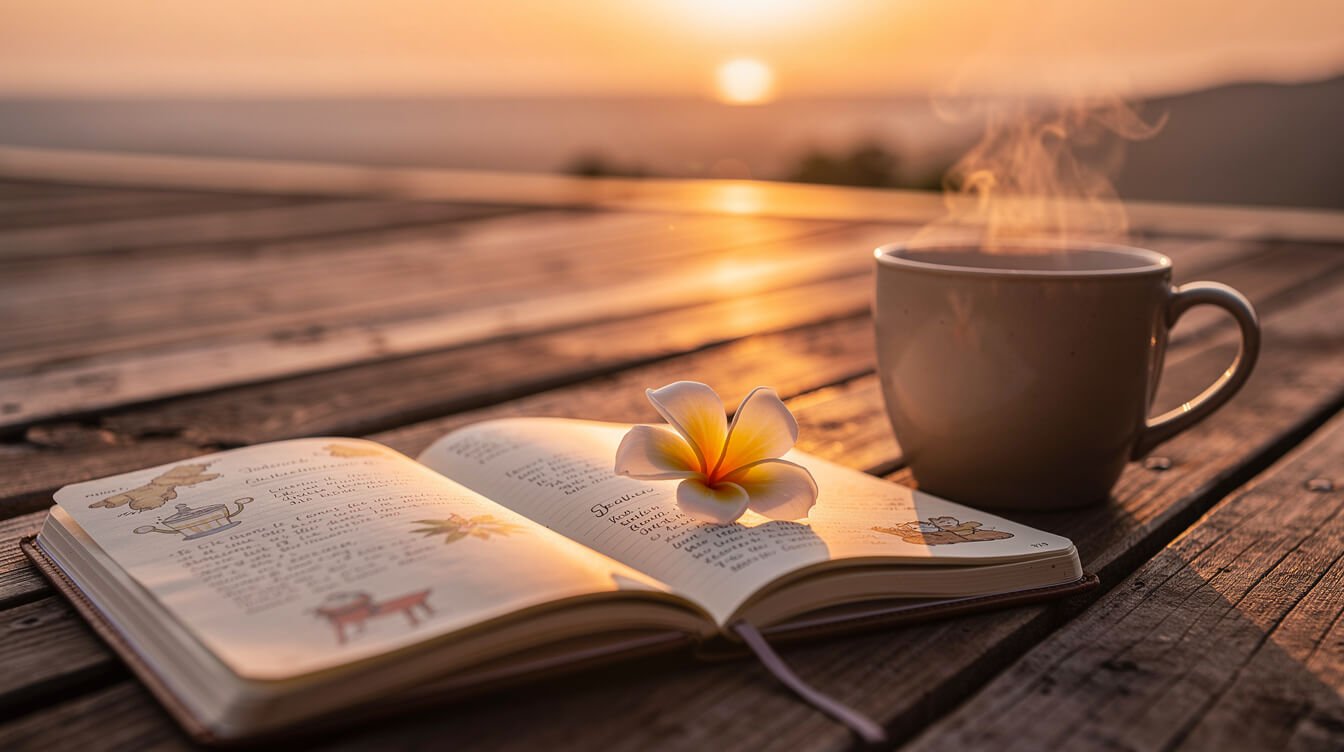 Travel journal and ginger tea on a sunset deck with a frangipani flower