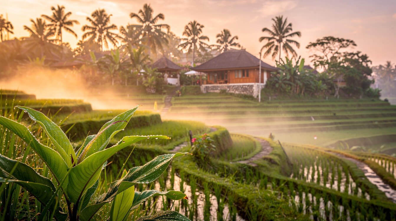 Misty rice terraces at sunrise near an Ubud villa