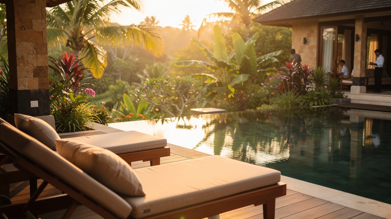 Private pool deck of a staffed villa in Ubud at golden hour