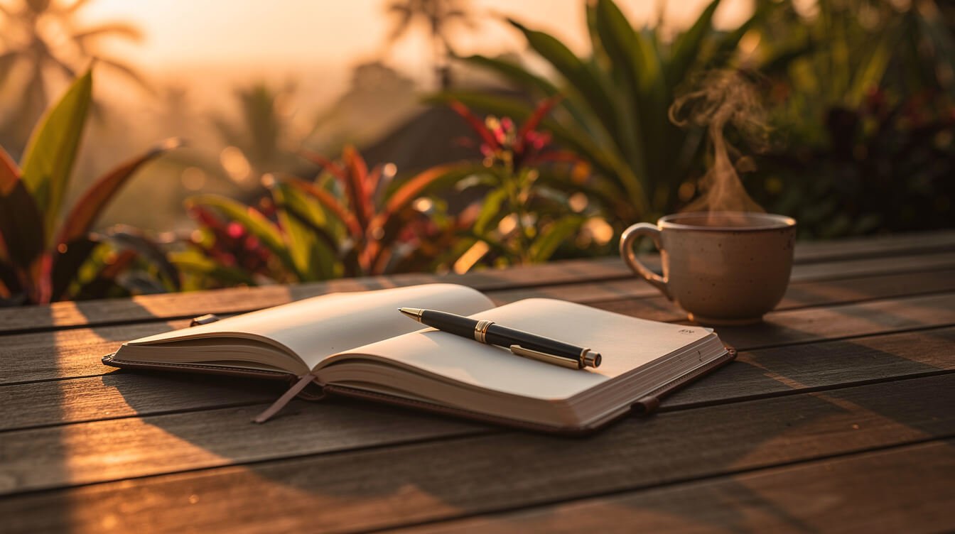 Open notebook on a sunset deck at an Ubud villa