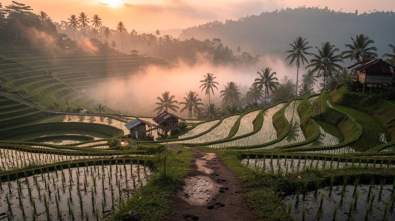 Misty rice terraces at sunrise near an Ubud villa