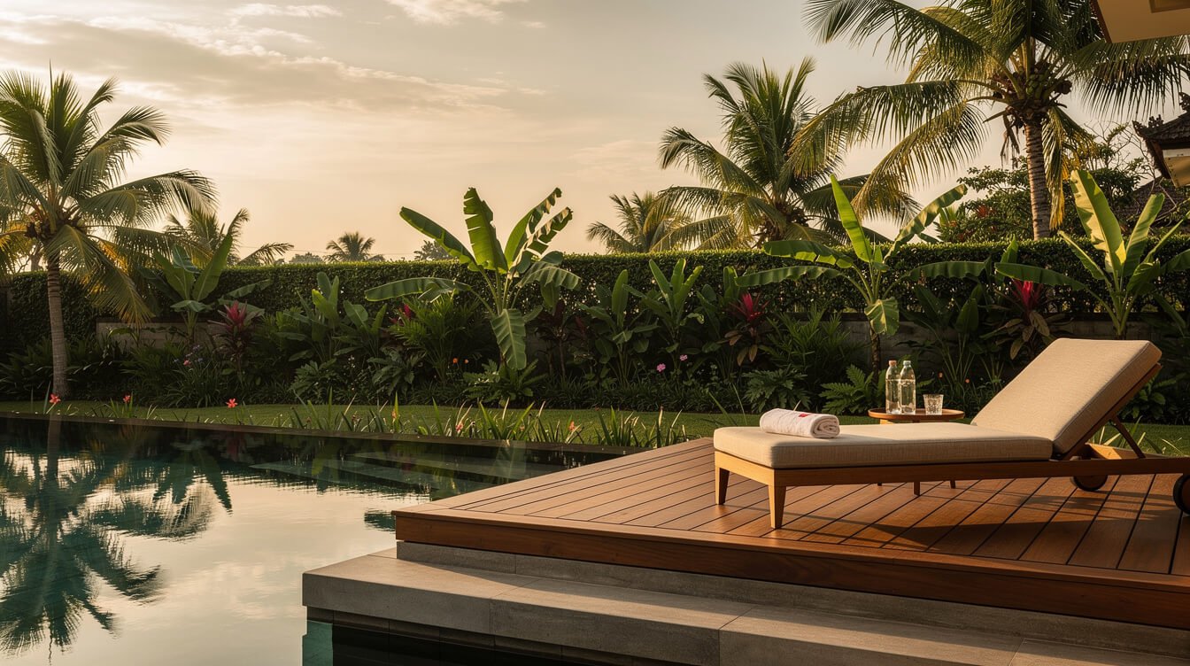 Private pool deck of a staffed villa in Ubud at golden hour