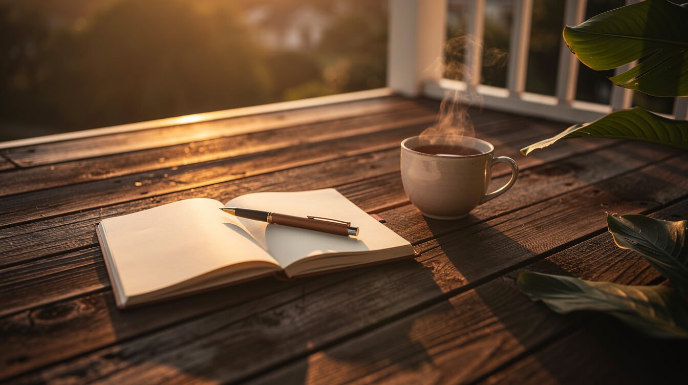 Open notebook on a sunset deck at an Ubud villa