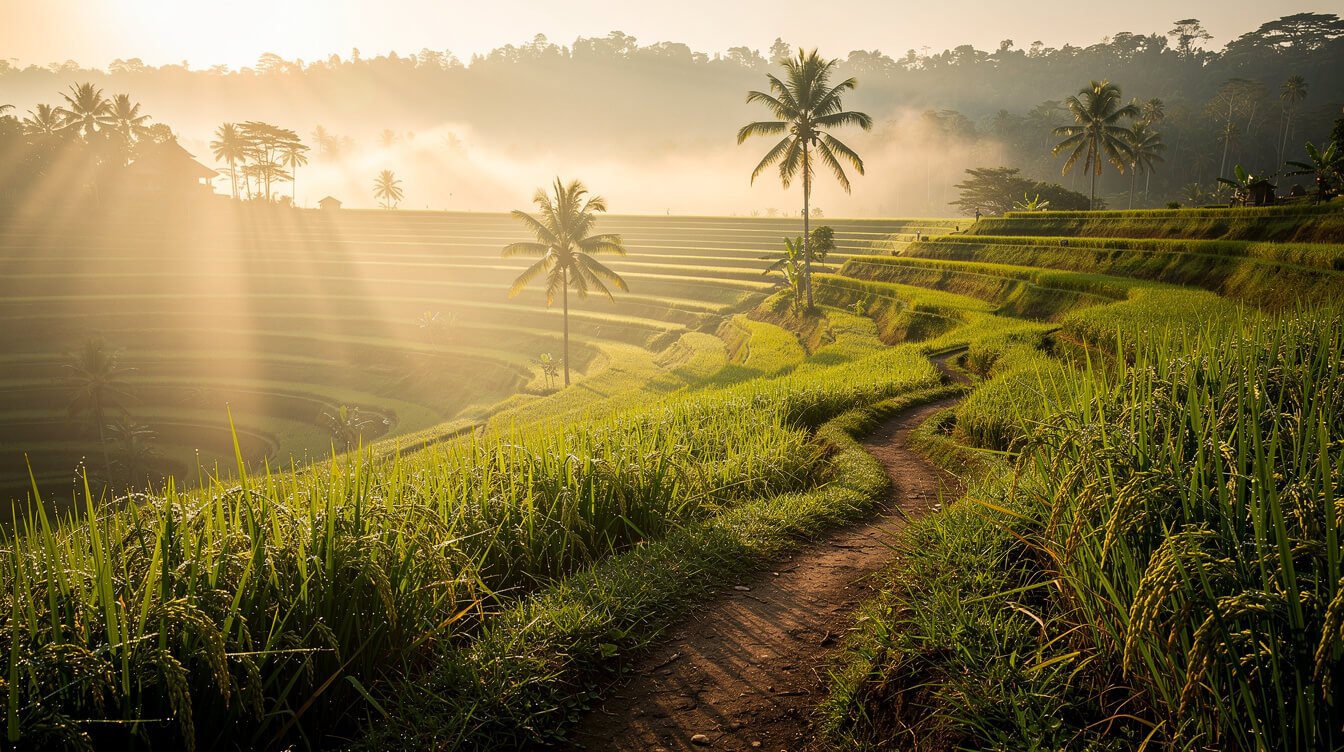 Misty rice terraces at sunrise near an Ubud villa