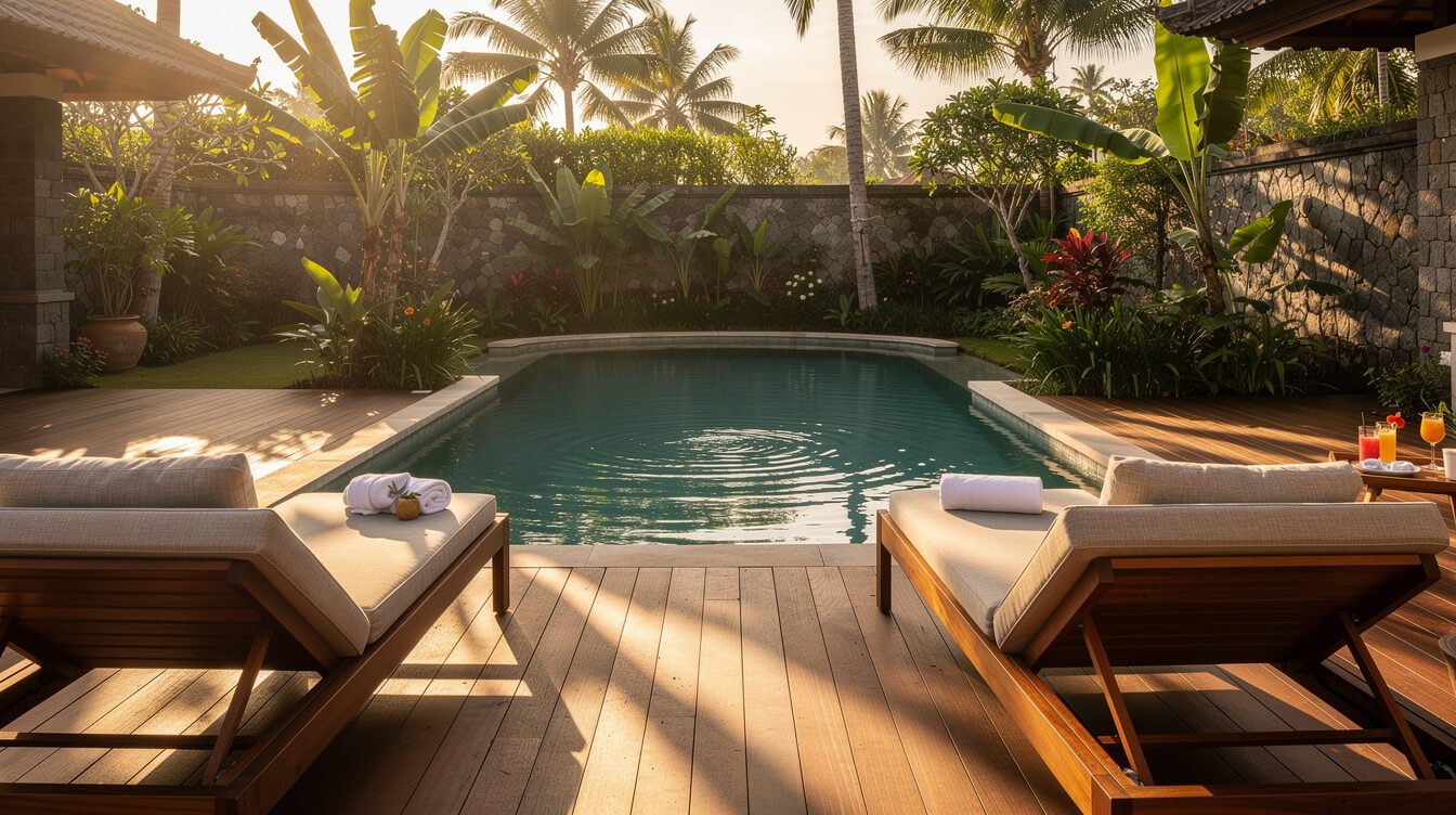 Private pool deck of a staffed villa in Ubud at golden hour