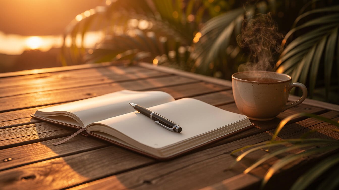 Open notebook on a sunset deck at an Ubud villa