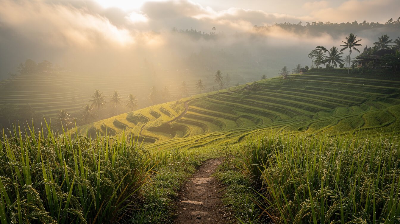 Misty rice terraces at sunrise near an Ubud villa