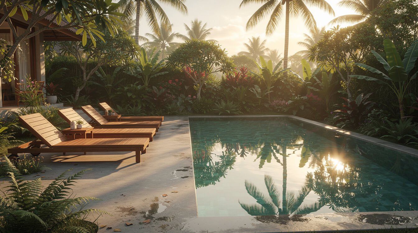 Private pool deck of a staffed villa in Ubud at golden hour