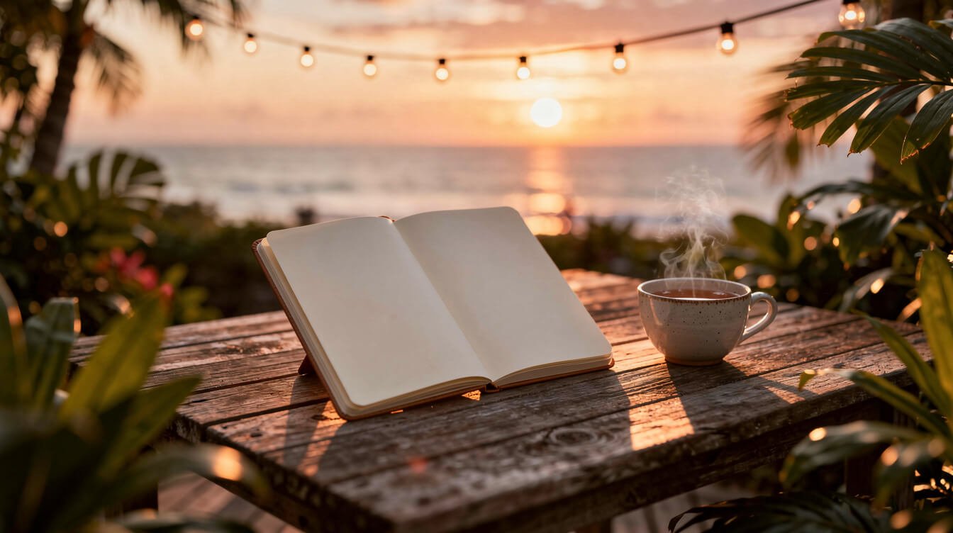 Open notebook on a sunset deck at an Ubud villa