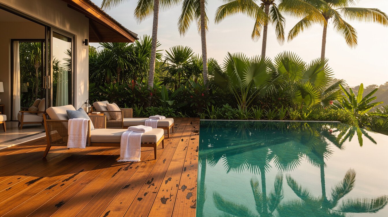 Private pool deck at Villa Amrita in Ubud at golden hour