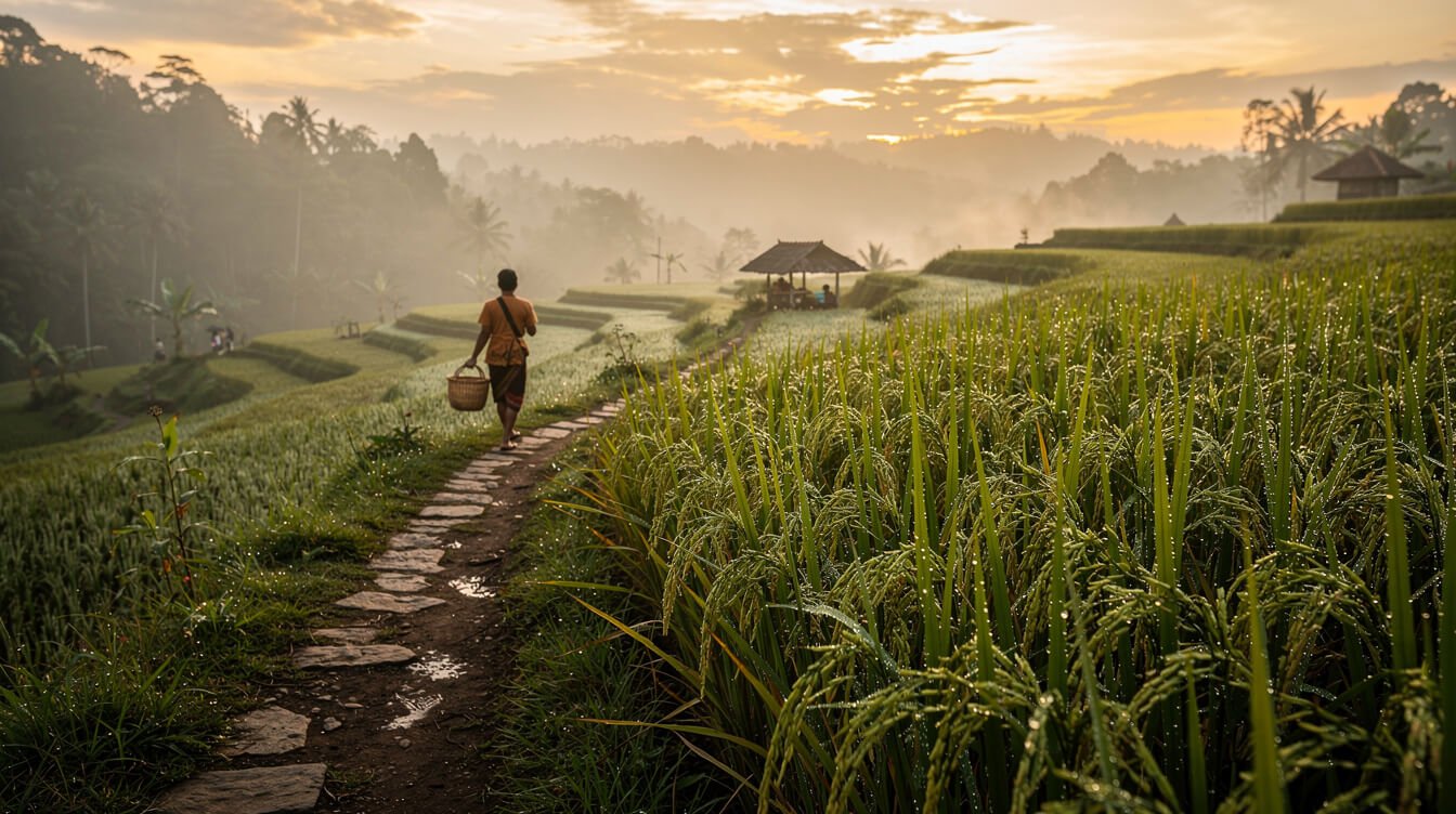 Misty rice terraces at sunrise in Ubud, Bali