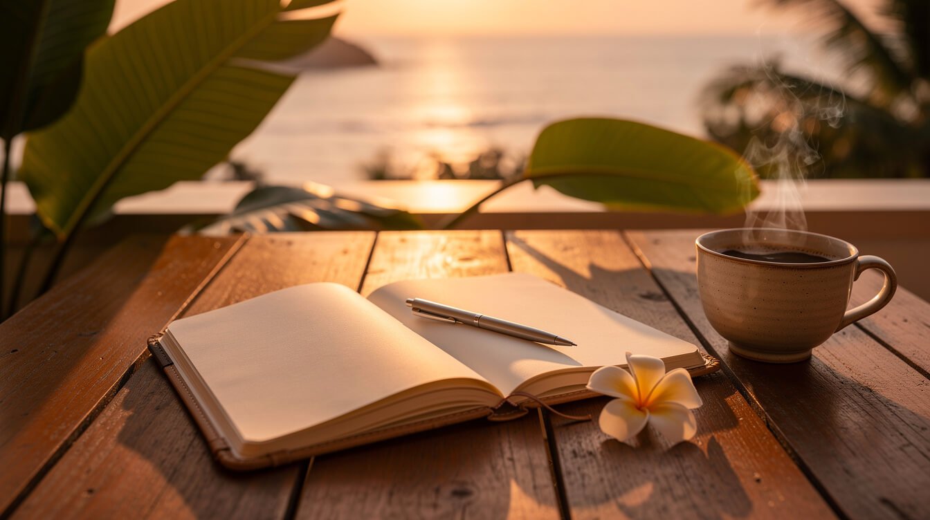 Open notebook and frangipani blossoms on a villa deck at sunset