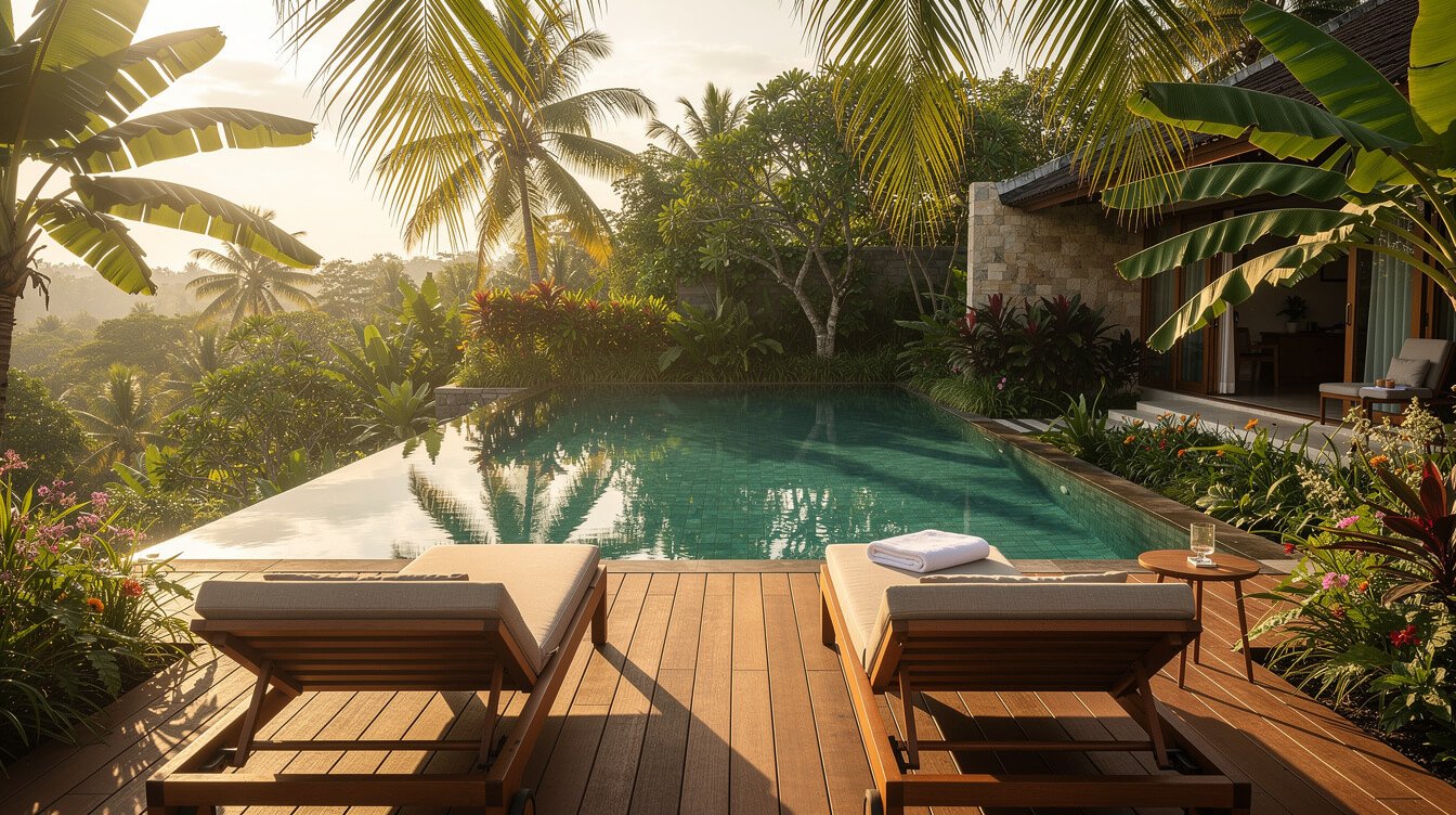 Private pool deck of a luxury villa in Ubud at golden hour