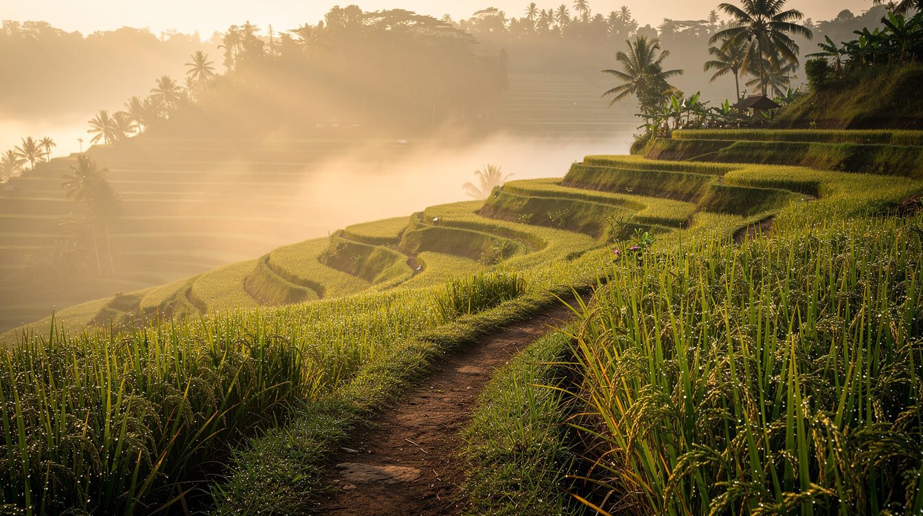 Misty rice terraces at sunrise near Ubud, Bali