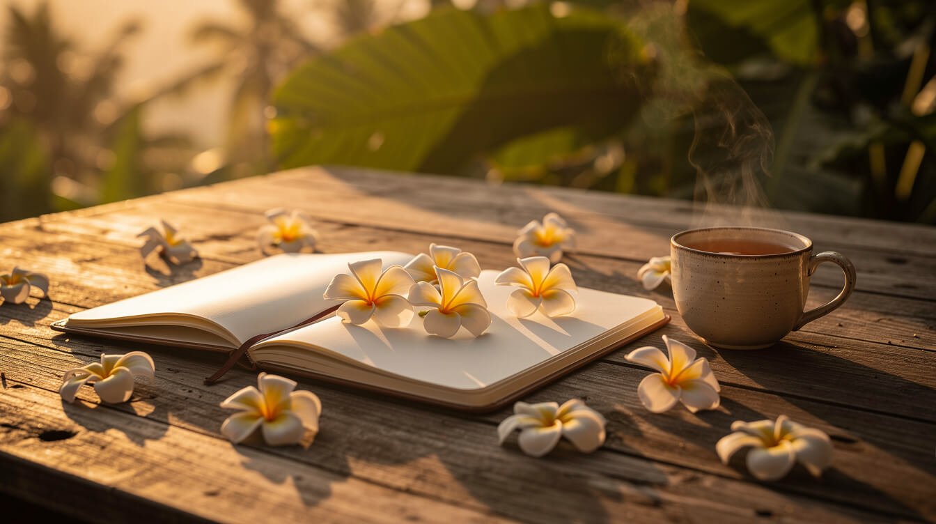 Open notebook and frangipani blossoms on a villa deck at sunset