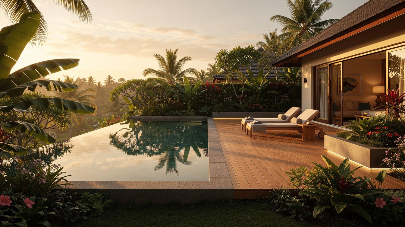 Private pool deck of a luxury villa in Ubud at golden hour
